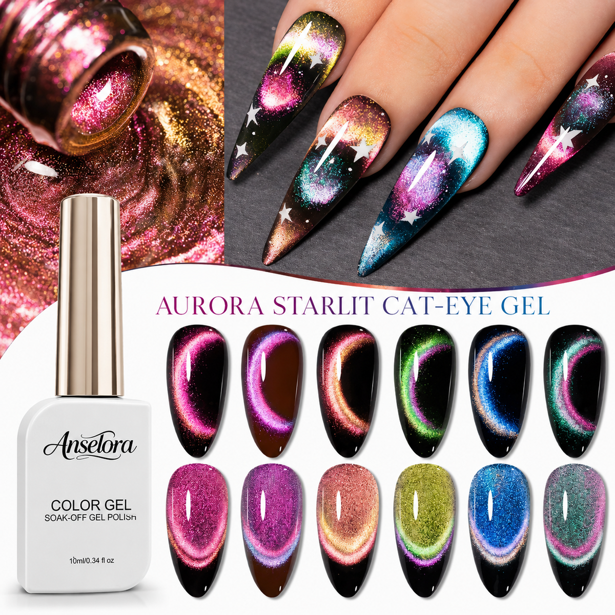 《Set 24》Anselora 6 Colors 10ml Aurora Starlit Cat Eye Gel Polish Set, Chameleon Shimmer Magnetic Cat Eye Nail Gel with Multi Magnet Tools & Portable Handheld Nail Lamp, Soak Off UV LED Nail Art DIY Manicure Kit
