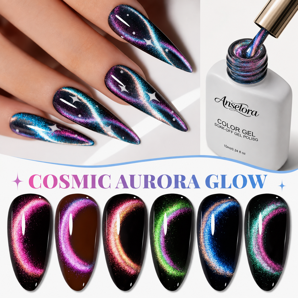 《Set 24》Anselora 6 Colors 10ml Aurora Starlit Cat Eye Gel Polish Set, Chameleon Shimmer Magnetic Cat Eye Nail Gel with Multi Magnet Tools & Portable Handheld Nail Lamp, Soak Off UV LED Nail Art DIY Manicure Kit