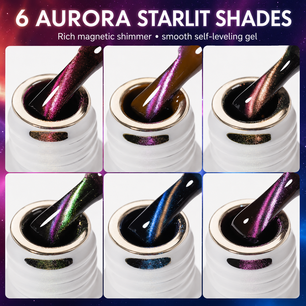 《Set 24》Anselora 6 Colors 10ml Aurora Starlit Cat Eye Gel Polish Set, Chameleon Shimmer Magnetic Cat Eye Nail Gel with Multi Magnet Tools & Portable Handheld Nail Lamp, Soak Off UV LED Nail Art DIY Manicure Kit