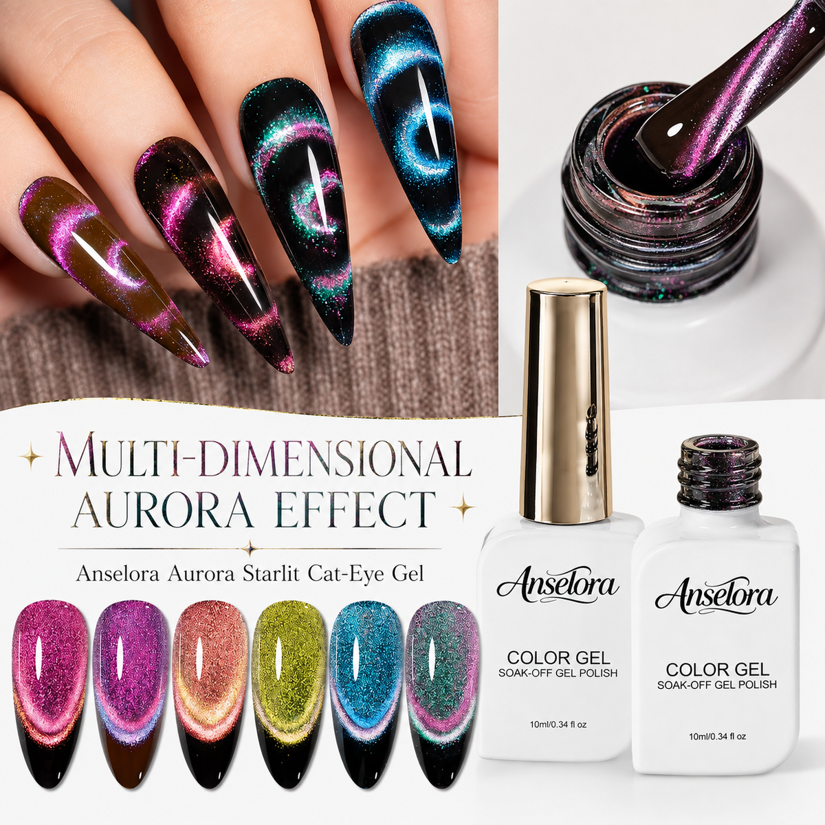 《Set 24》Anselora 6 Colors 10ml Aurora Starlit Cat Eye Gel Polish Set, Chameleon Shimmer Magnetic Cat Eye Nail Gel with Multi Magnet Tools & Portable Handheld Nail Lamp, Soak Off UV LED Nail Art DIY Manicure Kit