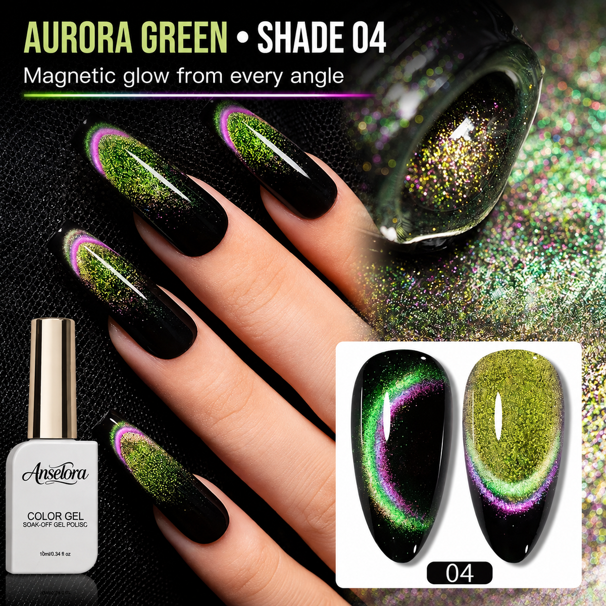 《Set 24》Anselora 6 Colors 10ml Aurora Starlit Cat Eye Gel Polish Set, Chameleon Shimmer Magnetic Cat Eye Nail Gel with Multi Magnet Tools & Portable Handheld Nail Lamp, Soak Off UV LED Nail Art DIY Manicure Kit