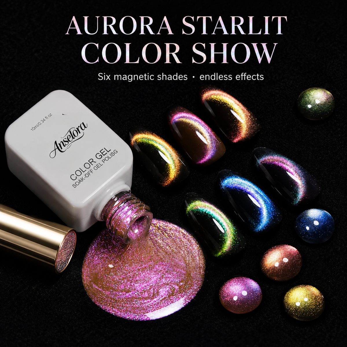 《Set 24》Anselora 6 Colors 10ml Aurora Starlit Cat Eye Gel Polish Set, Chameleon Shimmer Magnetic Cat Eye Nail Gel with Multi Magnet Tools & Portable Handheld Nail Lamp, Soak Off UV LED Nail Art DIY Manicure Kit