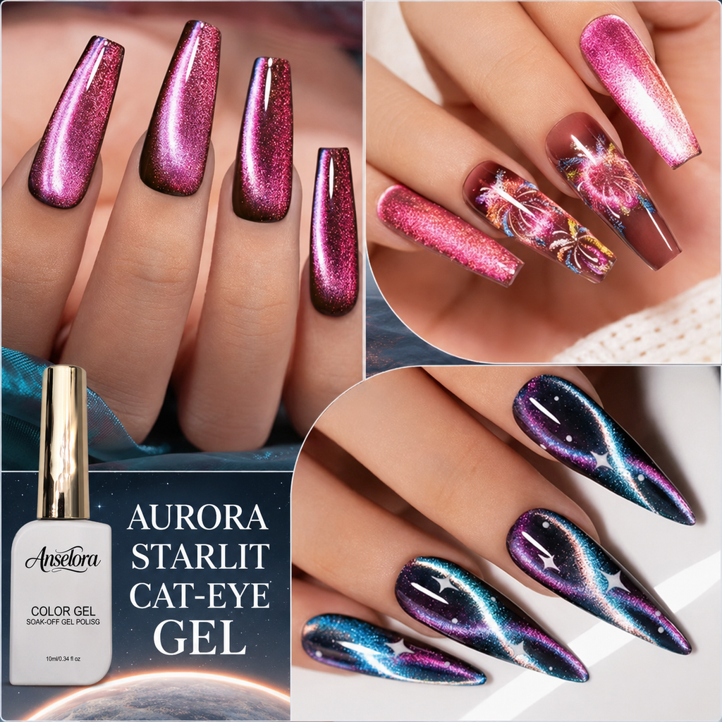 《Set 24》Anselora 6 Colors 10ml Aurora Starlit Cat Eye Gel Polish Set, Chameleon Shimmer Magnetic Cat Eye Nail Gel with Multi Magnet Tools & Portable Handheld Nail Lamp, Soak Off UV LED Nail Art DIY Manicure Kit