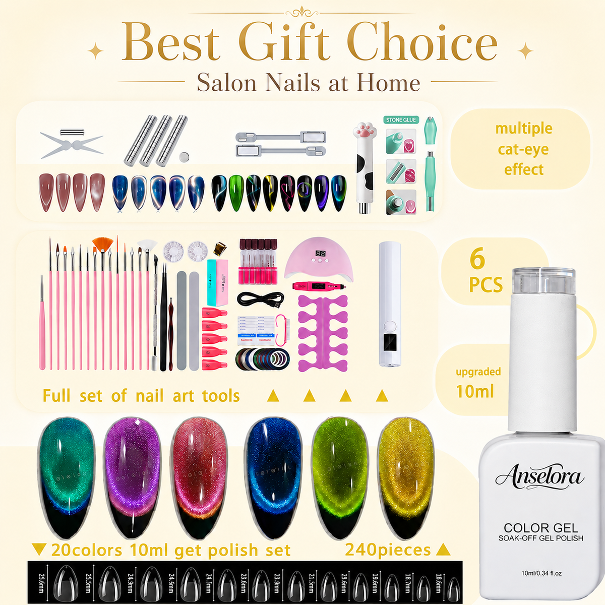 《Set 5》Anselora 6 Colors Chameleon Cat Eye Gel Nail Polish Kit, All-in-One DIY Manicure Set, 10ml Magnetic Aurora Cat Eye Gel, UV LED Nail Lamp, 240Pcs Nail Tips, Complete Nail Art Tools, Soak Off UV Gel, Perfect Gift for Nail Lovers