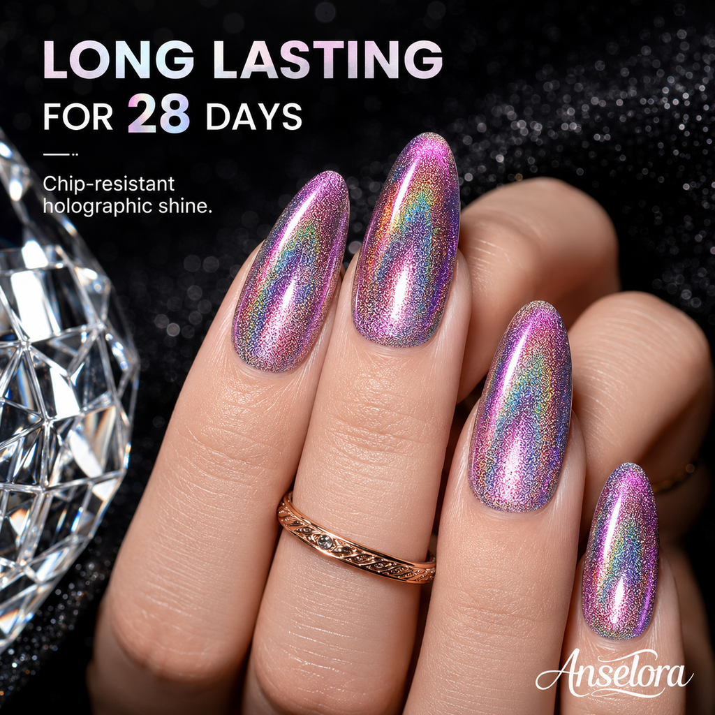 《Set 34》Anselora 6 Colors 10ml Holographic Cat-Eye Gel Polish Set, Rainbow Iridescent Holographic Magnetic Cat Eye Nail Gel with Complete Magnet Tools & Portable Handheld Nail Lamp, Soak Off UV LED Nail Art DIY Manicure Kit