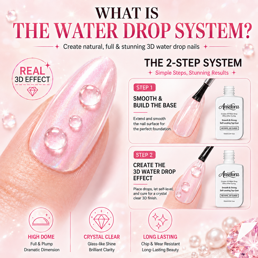 Anselora 3D Water Drop Gel Top Coat Set (2×10ml) – No Wipe Raindrop Gel for High Gloss 3D Nail Art Manicure, Water Droplet Effect Nail Polish, DIY Drip Nails, UV/LED Gel Polish, DealsForYouDays
