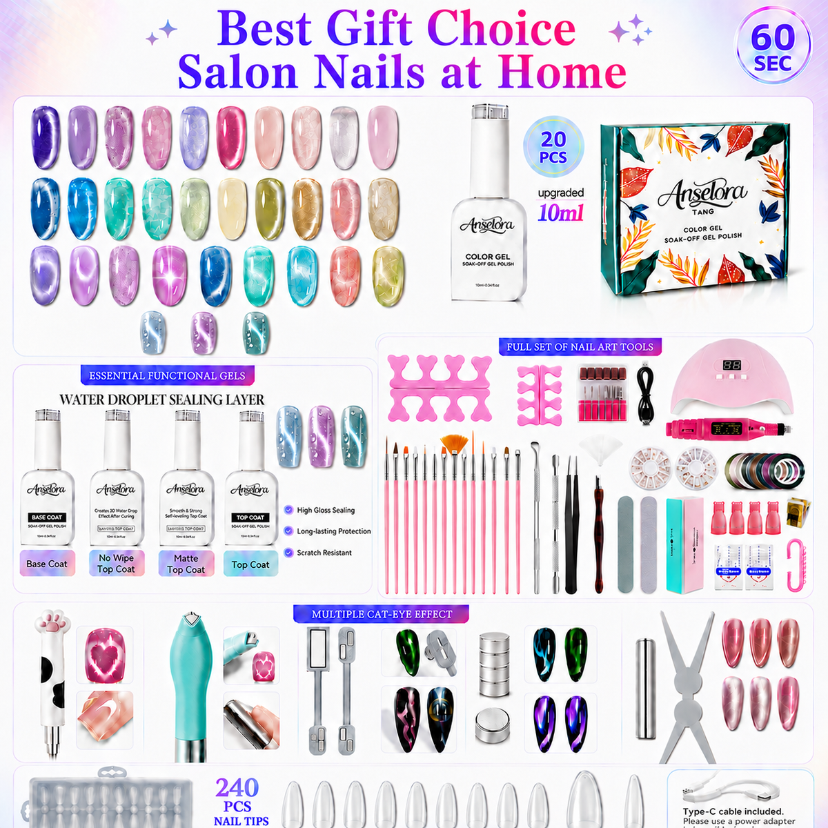 《Set 3》Anselora Gel Nail Polish Set 20 Colors 10ML Nude Pink Green Blue Red Cat Eye Uv Gel Polish with Base Top Coat, All Season Manicure Tools for Beginners Nail Art Home Gift for Women#Summervibes