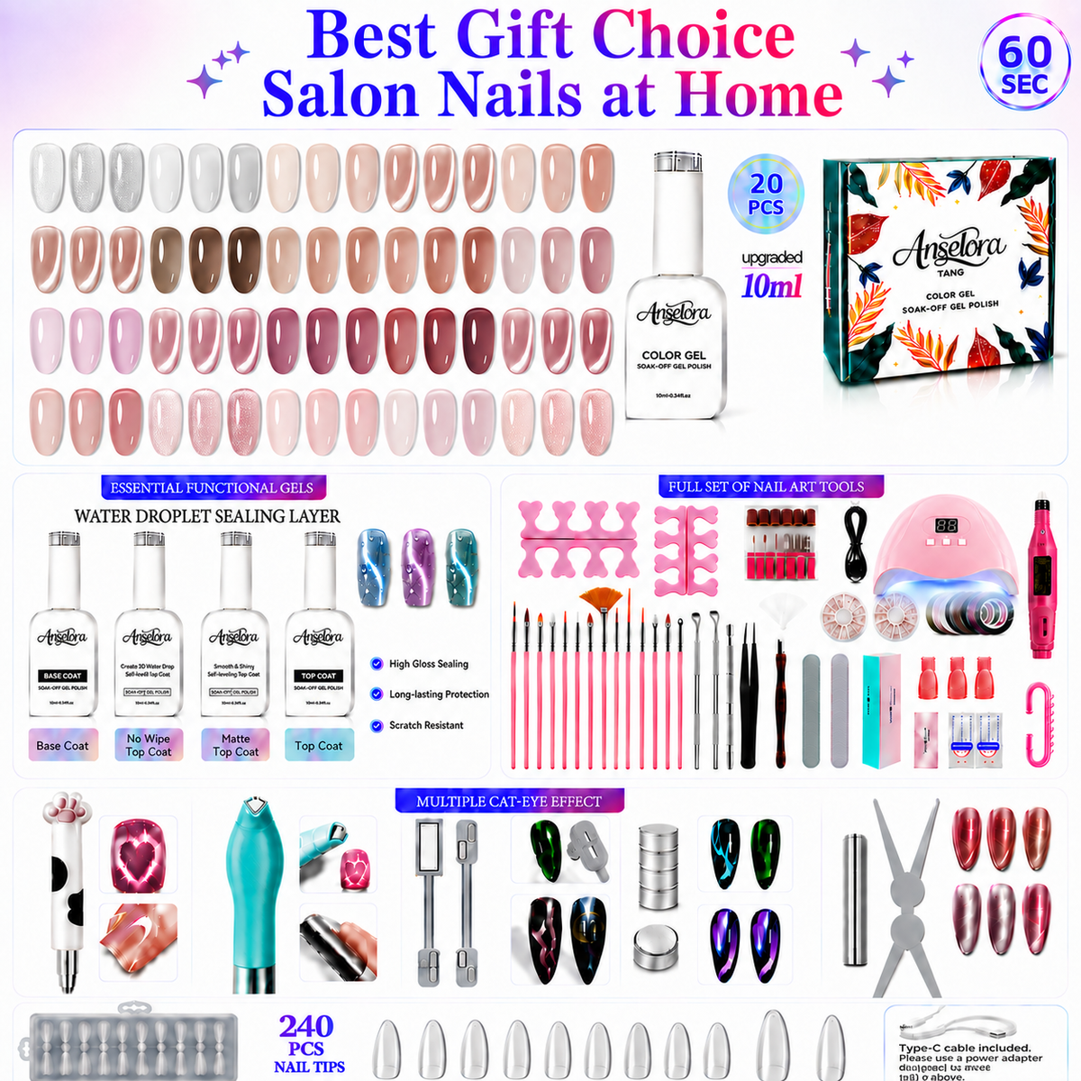 《Set 2》Anselora Gel Nail Polish Set 20 Colors 10ML Nude Pink Green Blue Red Cat Eye Uv Gel Polish with Base Top Coat, All Season Manicure Tools for Beginners Nail Art Home Gift for Women#Summervibes