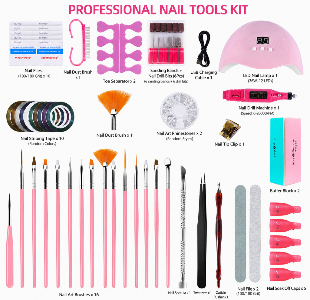 Professional Complete Nail Tools Kit, 36W LED Nail Lamp & Electric Nail Drill Machine, Multi-Function Manicure Pedicure Set for Nail Art DIY & Nail Salon
