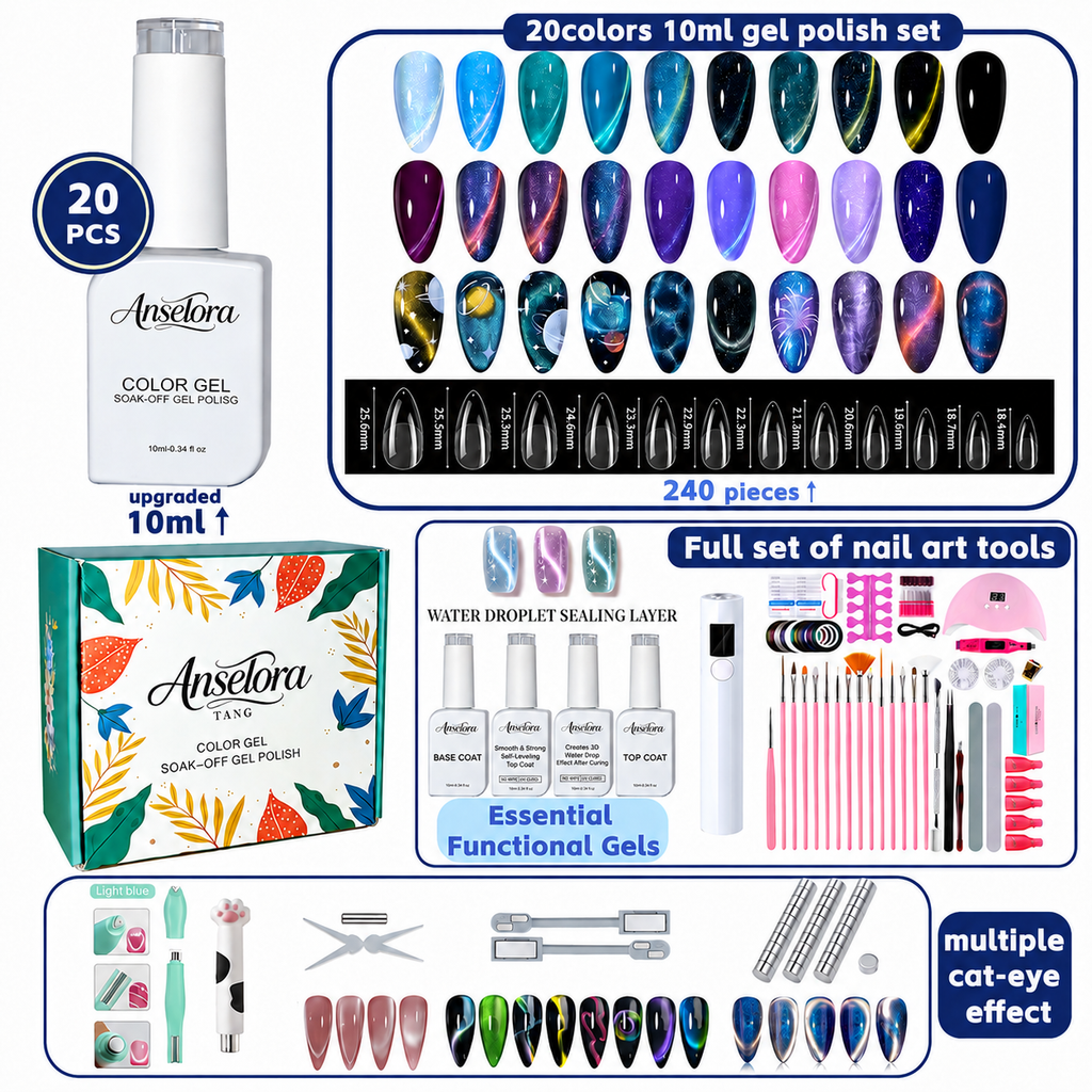 《Set 4》Anselora Gel Nail Polish Set 20 Colors 10ML Nude Pink Green Blue Red Cat Eye Uv Gel Polish with Base Top Coat, All Season Manicure Tools for Beginners Nail Art Home Gift for Women#Summervibes