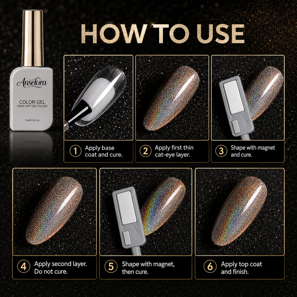 《Set 34》Anselora 6 Colors 10ml Holographic Cat-Eye Gel Polish Set, Rainbow Iridescent Holographic Magnetic Cat Eye Nail Gel with Complete Magnet Tools & Portable Handheld Nail Lamp, Soak Off UV LED Nail Art DIY Manicure Kit