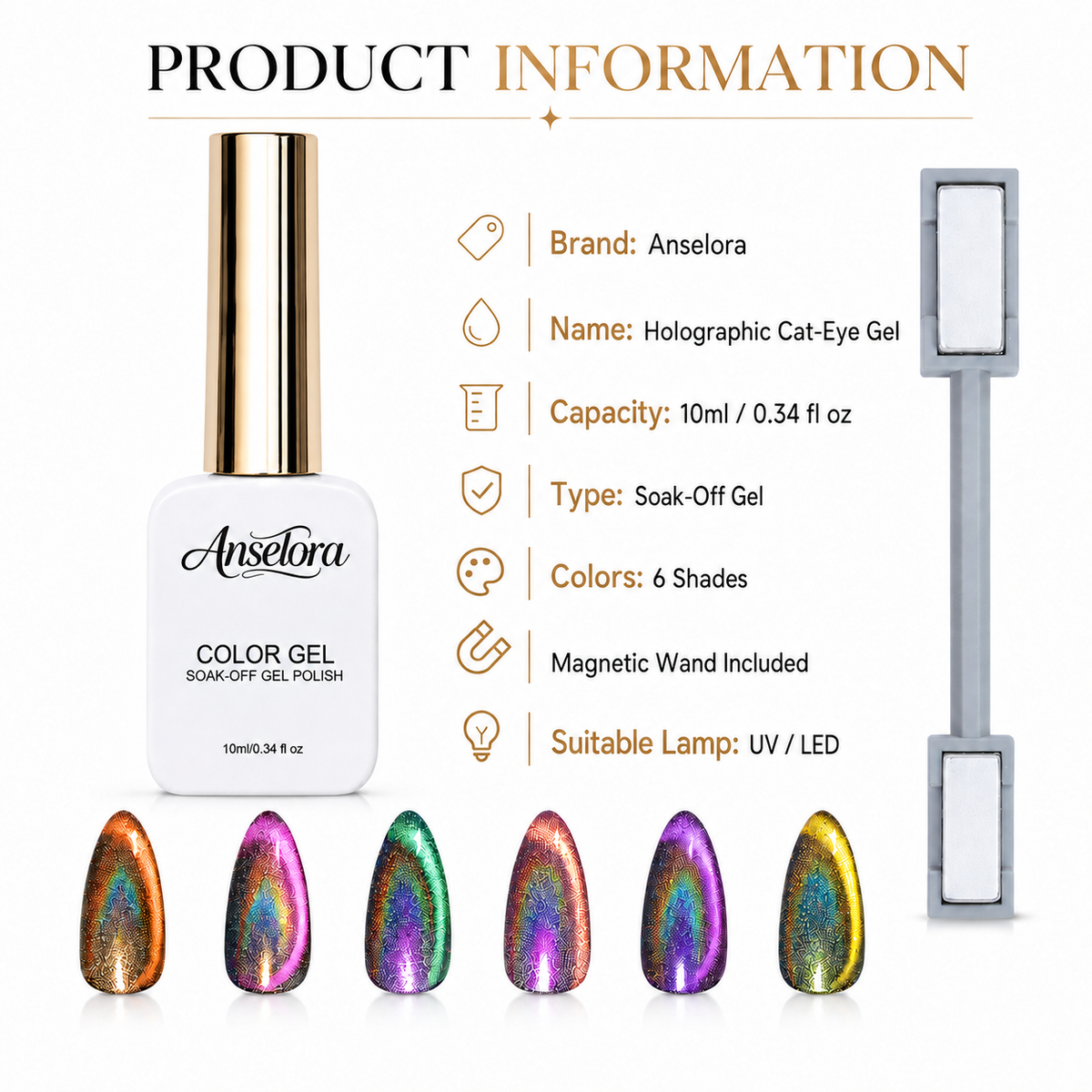 《Set 34》Anselora 6 Colors 10ml Holographic Cat-Eye Gel Polish Set, Rainbow Iridescent Holographic Magnetic Cat Eye Nail Gel with Complete Magnet Tools & Portable Handheld Nail Lamp, Soak Off UV LED Nail Art DIY Manicure Kit