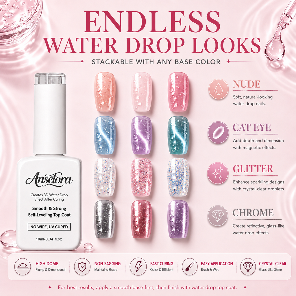 Anselora 3D Water Drop Gel Top Coat Set (2×10ml) – No Wipe Raindrop Gel for High Gloss 3D Nail Art Manicure, Water Droplet Effect Nail Polish, DIY Drip Nails, UV/LED Gel Polish, DealsForYouDays