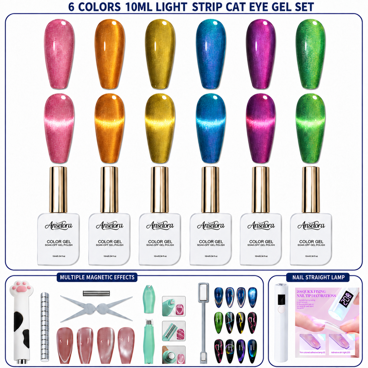 《Set 27》Anselora 6 Colors 10ml Light Strip Cat Eye Gel Polish Set, Glossy Shiny Magnetic Light Stripe Cat Eye Nail Gel with Multi Magnet Tools & Portable Handheld Nail Lamp, Soak Off UV LED Nail Art DIY Manicure Kit