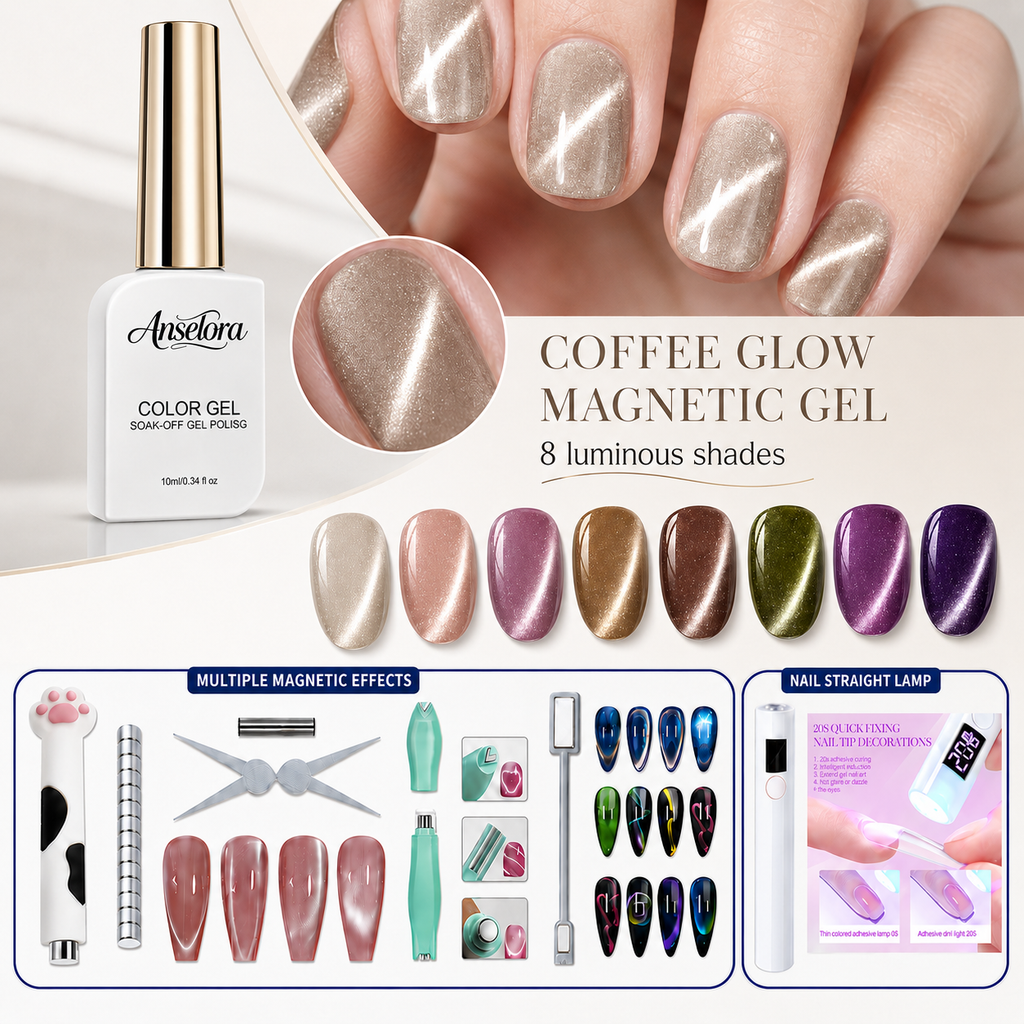 《Set 8》Anselora 8 Colors Coffee Glow Magnetic Cat Eye Gel Polish Set, Soak Off UV LED Aurora Magnet Gel with Complete Magnetic Nail Tools & Handheld Nail Lamp, DIY Home Salon Manicure Kit