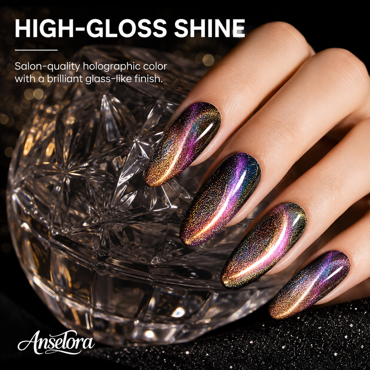 《Set 34》Anselora 6 Colors 10ml Holographic Cat-Eye Gel Polish Set, Rainbow Iridescent Holographic Magnetic Cat Eye Nail Gel with Complete Magnet Tools & Portable Handheld Nail Lamp, Soak Off UV LED Nail Art DIY Manicure Kit