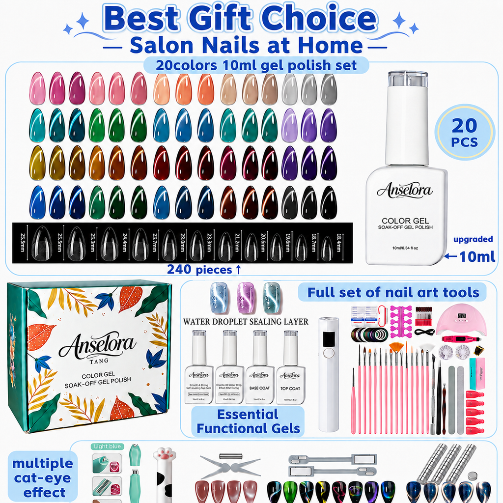 《Set 1》Anselora Gel Nail Polish Set 20 Colors 10ML Nude Pink Green Blue Red Cat Eye Uv Gel Polish with Base Top Coat, All Season Manicure Tools for Beginners Nail Art Home Gift for Women#Summervibes
