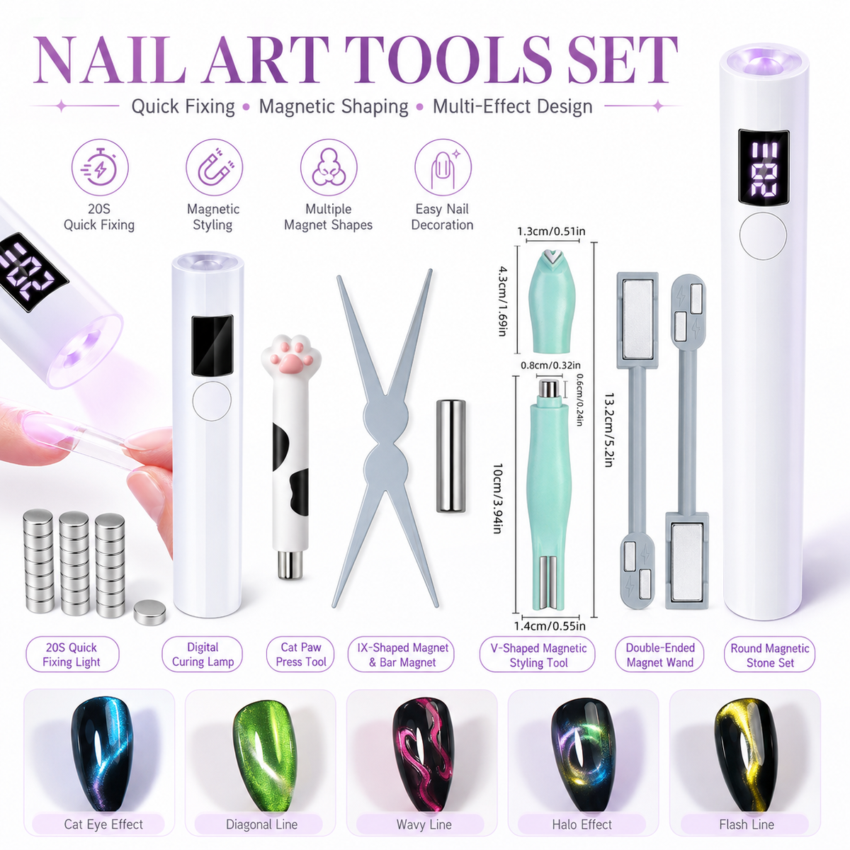 Nail Art Magnet Tools Set with Portable Handheld LED Nail Lamp, Multi-Shape Cat Eye Magnet Stick Kit for Magnetic Cat Eye Gel Polish, Professional Nail Design Manicure Accessories for DIY & Salon