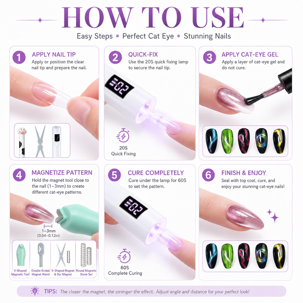 Nail Art Magnet Tools Set with Portable Handheld LED Nail Lamp, Multi-Shape Cat Eye Magnet Stick Kit for Magnetic Cat Eye Gel Polish, Professional Nail Design Manicure Accessories for DIY & Salon
