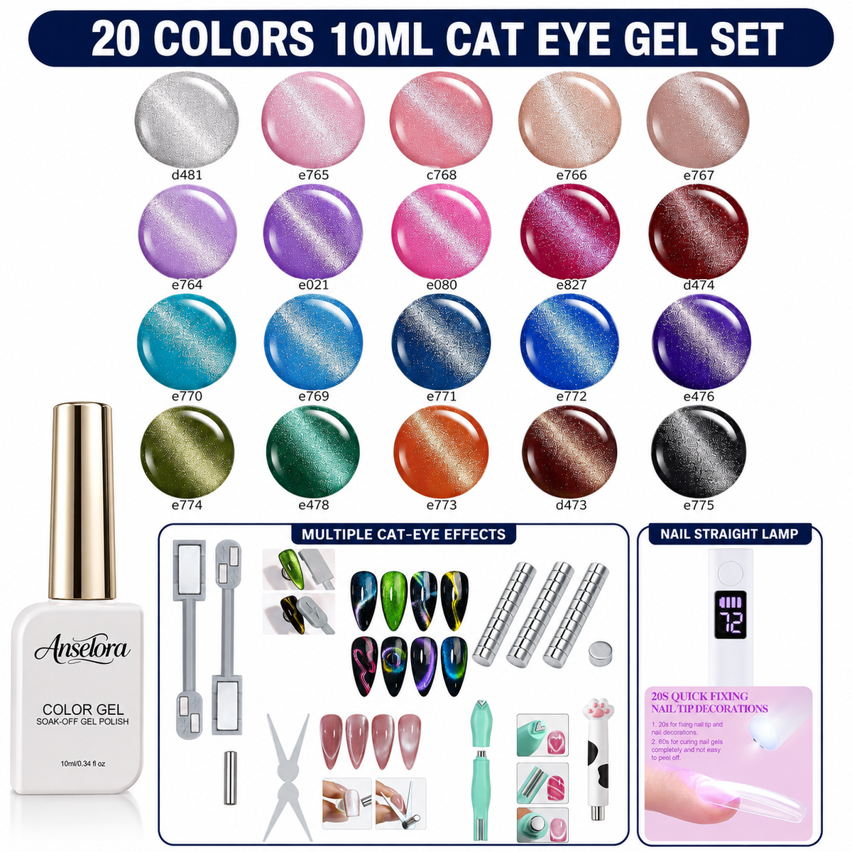 《Set 22》Anselora  Cat Eye Gel Nail Polish Set, 20 Colors Fall Cat EyeGlitter Gel | Magnetic Red Green Blue Brown Black Base CoatMatte Glossy Top Coat Soak Off UV Galaxy GemlightManicure Salon Gift for Women