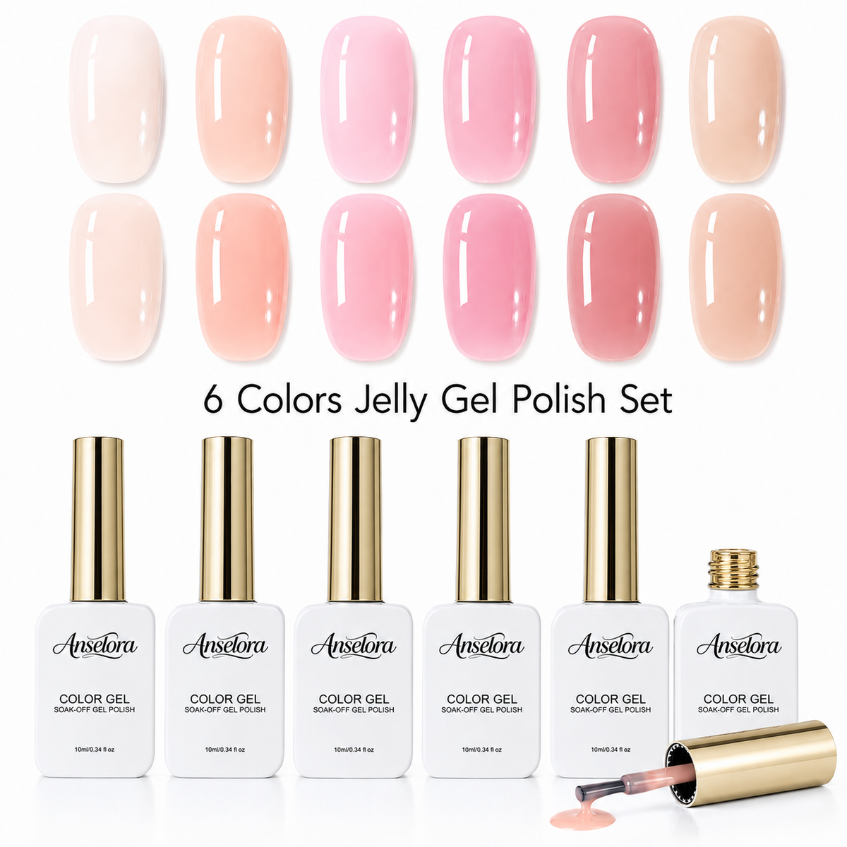 《Set 6》Anselora 6 Colors Jelly Gel Nail Polish Set, Transparent Nude Sheer Pink Soak Off UV LED Gel Polish, Natural Clear Nude Jelly Manicure Gel for Salon & DIY Home Nails