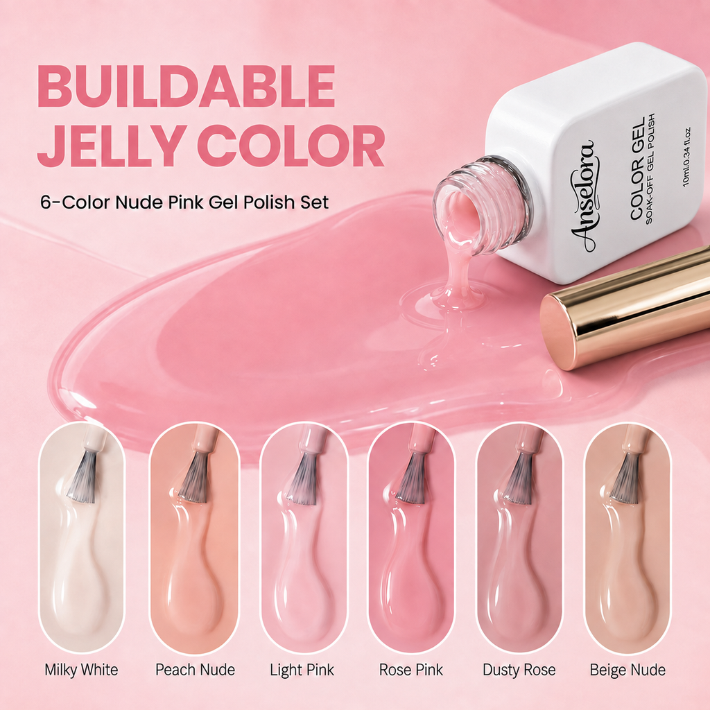 《Set 6》Anselora 6 Colors Jelly Gel Nail Polish Set, Transparent Nude Sheer Pink Soak Off UV LED Gel Polish, Natural Clear Nude Jelly Manicure Gel for Salon & DIY Home Nails