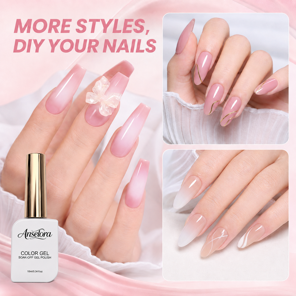 《Set 6》Anselora 6 Colors Jelly Gel Nail Polish Set, Transparent Nude Sheer Pink Soak Off UV LED Gel Polish, Natural Clear Nude Jelly Manicure Gel for Salon & DIY Home Nails