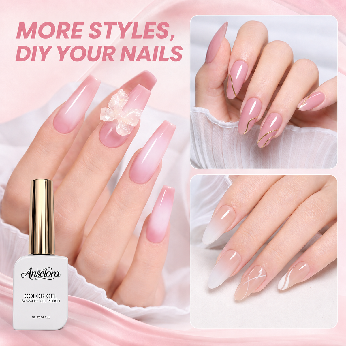 《Set 6》Anselora 6 Colors Jelly Gel Nail Polish Set, Transparent Nude Sheer Pink Soak Off UV LED Gel Polish, Natural Clear Nude Jelly Manicure Gel for Salon & DIY Home Nails
