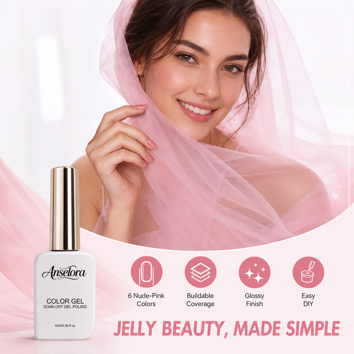 《Set 6》Anselora 6 Colors Jelly Gel Nail Polish Set, Transparent Nude Sheer Pink Soak Off UV LED Gel Polish, Natural Clear Nude Jelly Manicure Gel for Salon & DIY Home Nails