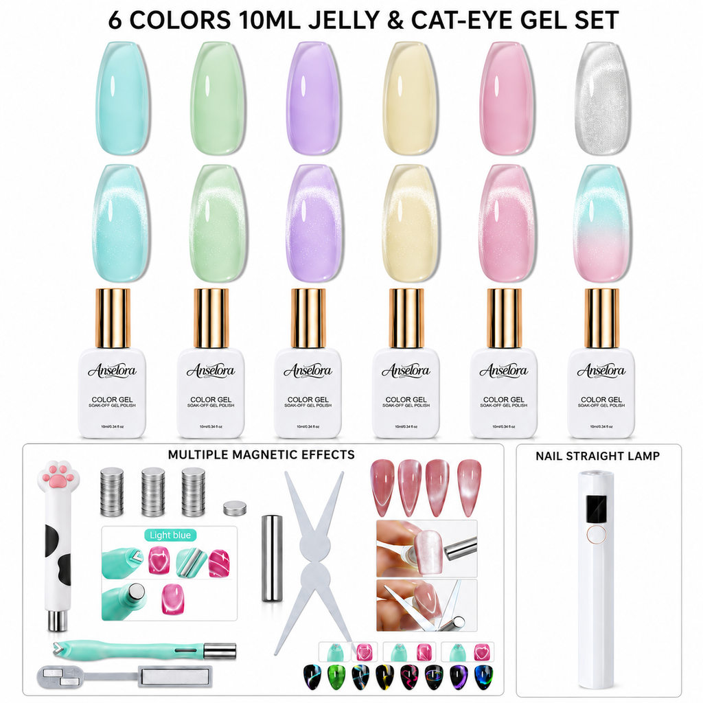 《Set 23》Anselora 6 Colors 10ml Jelly Cat Eye Gel Polish Set, Transparent Crystal Magnetic Cat Eye Nail Gel with Multi Magnet Tools & Portable Handheld Nail Lamp, Soak Off UV LED Nail Art DIY Manicure Kit