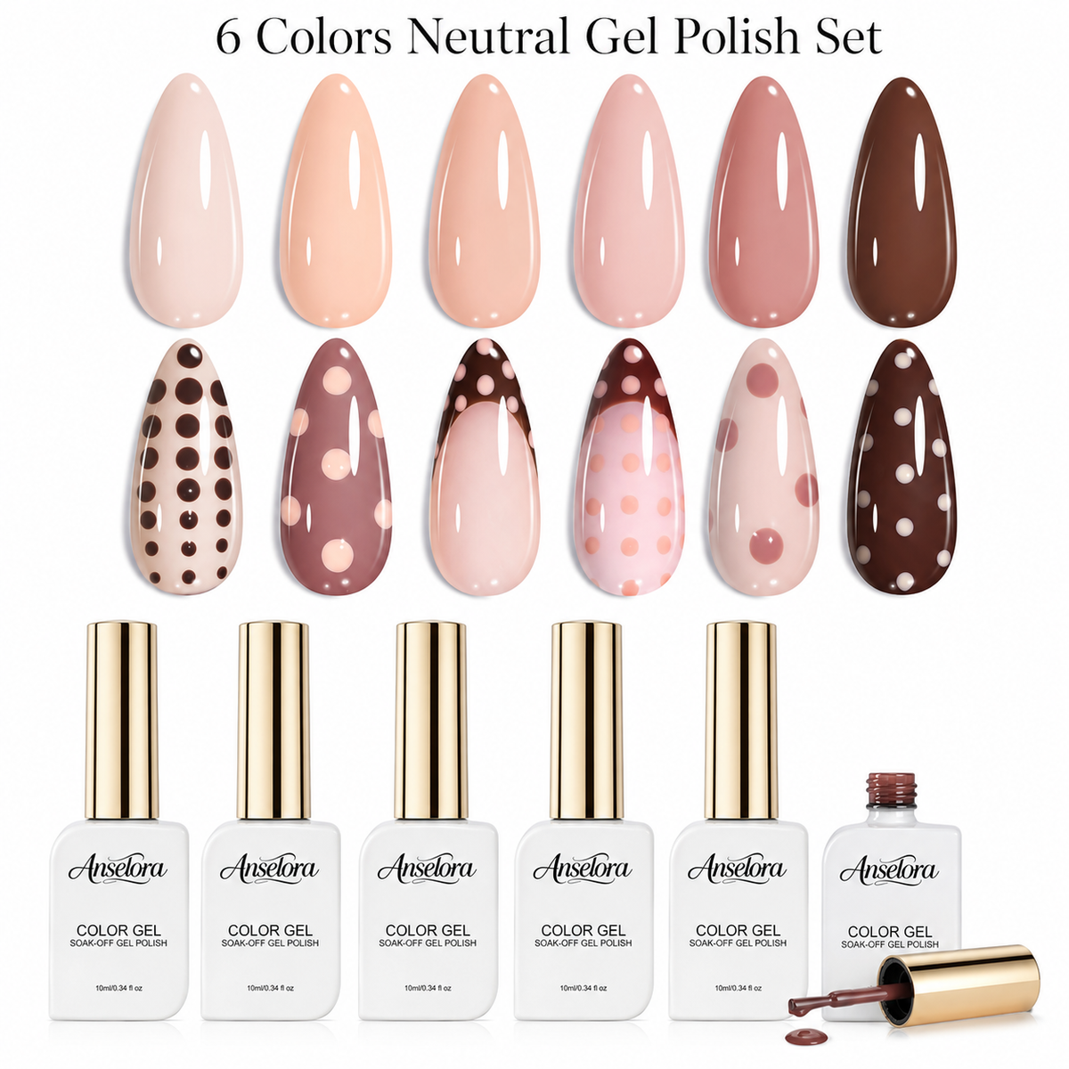《Set 7》Anselora 6 Colors Neutral Gel Polish Set, Coffee Nude Brown Pink Soak Off UV LED Gel Nail Polish, Classic Earth Tone Gel for Daily DIY Manicure & Nail Salon