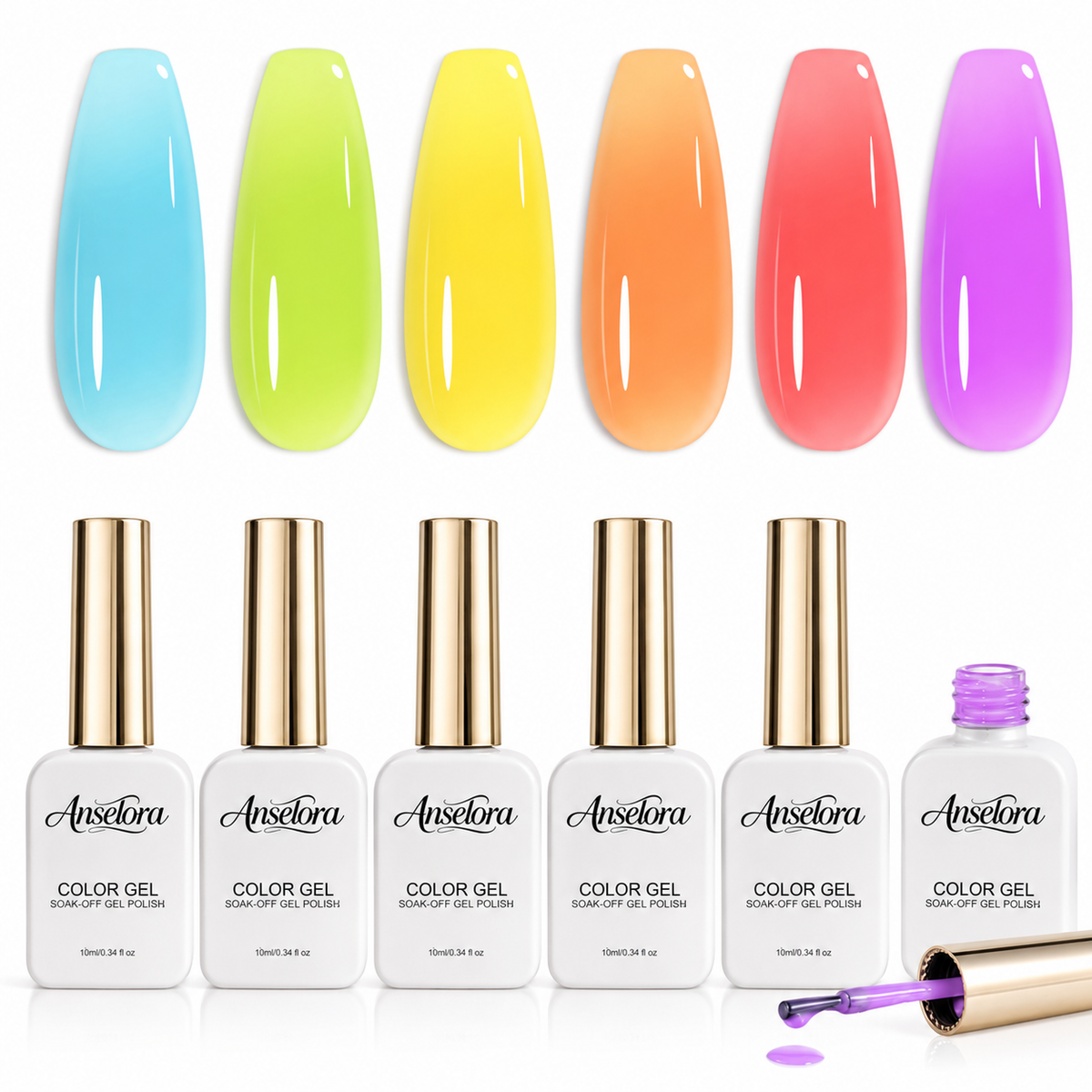 《Set 9》Anselora 6 Colors Neon Jelly Gel Nail Polish Set, Transparent Fluorescent Rainbow Soak Off UV LED Gel Polish, Bright Summer Candy Color Nail Gel for DIY Home Manicure & Nail Salon