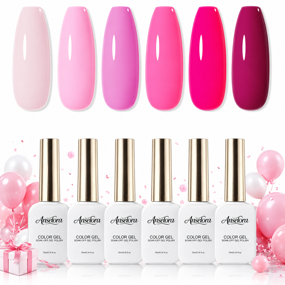 《Set 10》Anselora 6 Colors Pink Series Gel Nail Polish Set, Gradient Nude Hot Pink Fuchsia Soak Off UV LED Gel Polish, Romantic Pink Tone Nail Gel for DIY Manicure, Salon & Valentine Nail Art