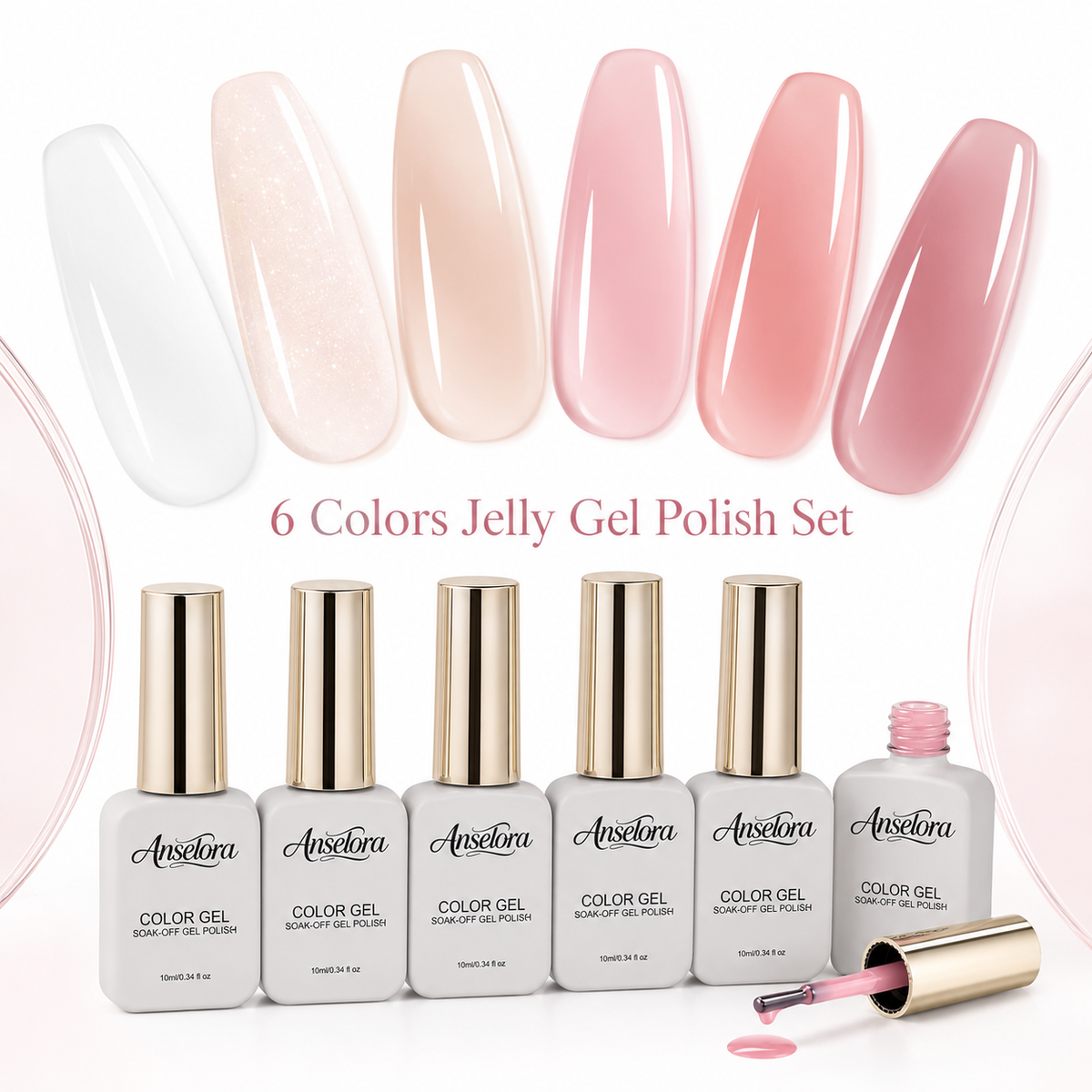 《Set 12》Anselora 6 Colors Jelly Gel Nail Polish Set, Milky White Shimmer Transparent Nude Pink Soak Off UV LED Jelly Nail Gel, Natural Glass Nail Gel for DIY Home Manicure & Nail Salon