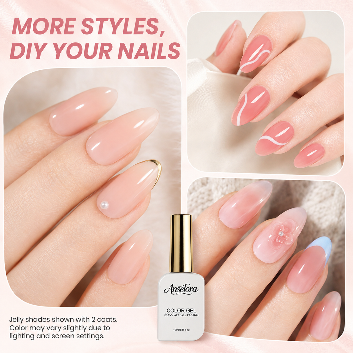 《Set 12》Anselora 6 Colors Jelly Gel Nail Polish Set, Milky White Shimmer Transparent Nude Pink Soak Off UV LED Jelly Nail Gel, Natural Glass Nail Gel for DIY Home Manicure & Nail Salon