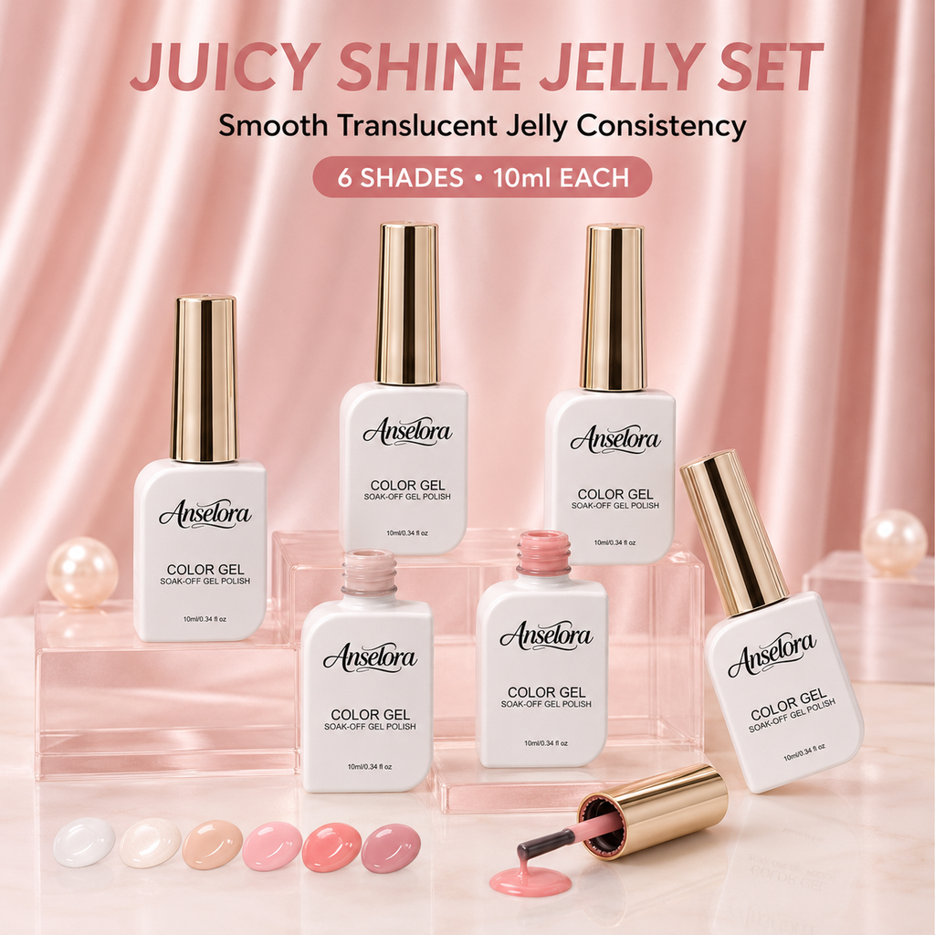 《Set 12》Anselora 6 Colors Jelly Gel Nail Polish Set, Milky White Shimmer Transparent Nude Pink Soak Off UV LED Jelly Nail Gel, Natural Glass Nail Gel for DIY Home Manicure & Nail Salon