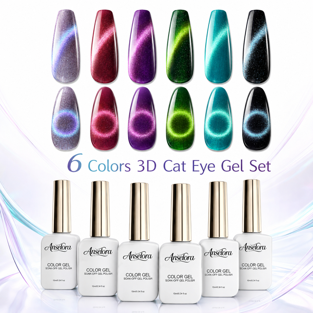 《Set 13》Anselora 6 Colors 3D Magnetic Cat Eye Gel Polish Set, Chameleon Starry Sky Soak Off UV LED Nail Gel, Dual Effect Line & Ring Cat Eye Gel for DIY Nail Art