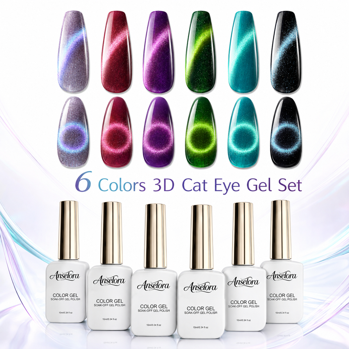 《Set 13》Anselora 6 Colors 3D Magnetic Cat Eye Gel Polish Set, Chameleon Starry Sky Soak Off UV LED Nail Gel, Dual Effect Line & Ring Cat Eye Gel for DIY Nail Art