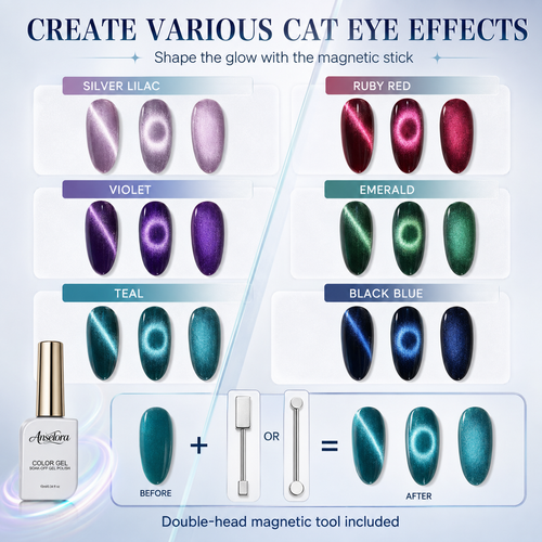 《Set 13》Anselora 6 Colors 3D Magnetic Cat Eye Gel Polish Set, Chameleon Starry Sky Soak Off UV LED Nail Gel, Dual Effect Line & Ring Cat Eye Gel for DIY Nail Art