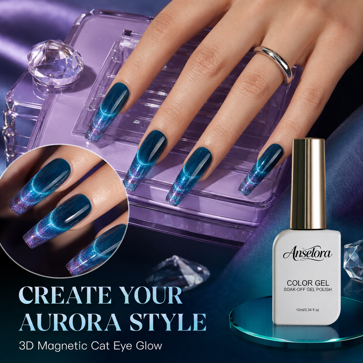 《Set 13》Anselora 6 Colors 3D Magnetic Cat Eye Gel Polish Set, Chameleon Starry Sky Soak Off UV LED Nail Gel, Dual Effect Line & Ring Cat Eye Gel for DIY Nail Art