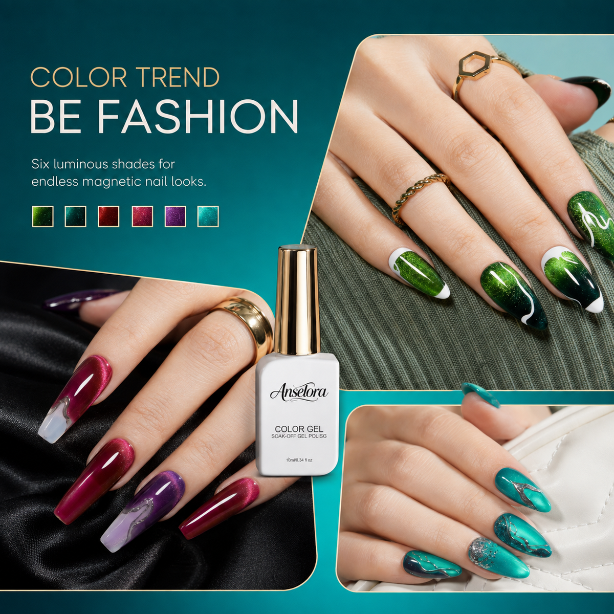 《Set 13》Anselora 6 Colors 3D Magnetic Cat Eye Gel Polish Set, Chameleon Starry Sky Soak Off UV LED Nail Gel, Dual Effect Line & Ring Cat Eye Gel for DIY Nail Art