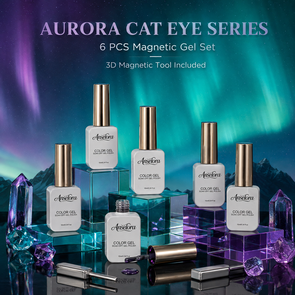 《Set 13》Anselora 6 Colors 3D Magnetic Cat Eye Gel Polish Set, Chameleon Starry Sky Soak Off UV LED Nail Gel, Dual Effect Line & Ring Cat Eye Gel for DIY Nail Art