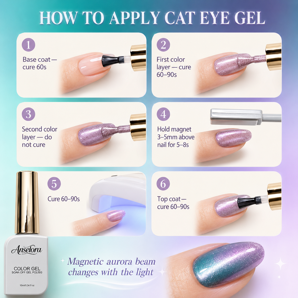 《Set 13》Anselora 6 Colors 3D Magnetic Cat Eye Gel Polish Set, Chameleon Starry Sky Soak Off UV LED Nail Gel, Dual Effect Line & Ring Cat Eye Gel for DIY Nail Art