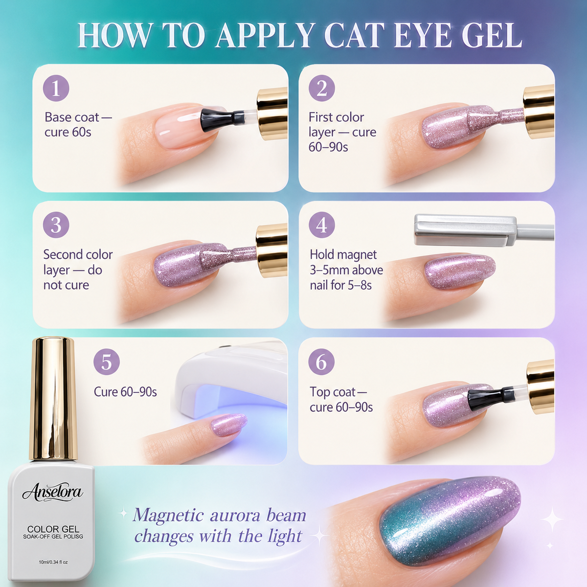 《Set 13》Anselora 6 Colors 3D Magnetic Cat Eye Gel Polish Set, Chameleon Starry Sky Soak Off UV LED Nail Gel, Dual Effect Line & Ring Cat Eye Gel for DIY Nail Art