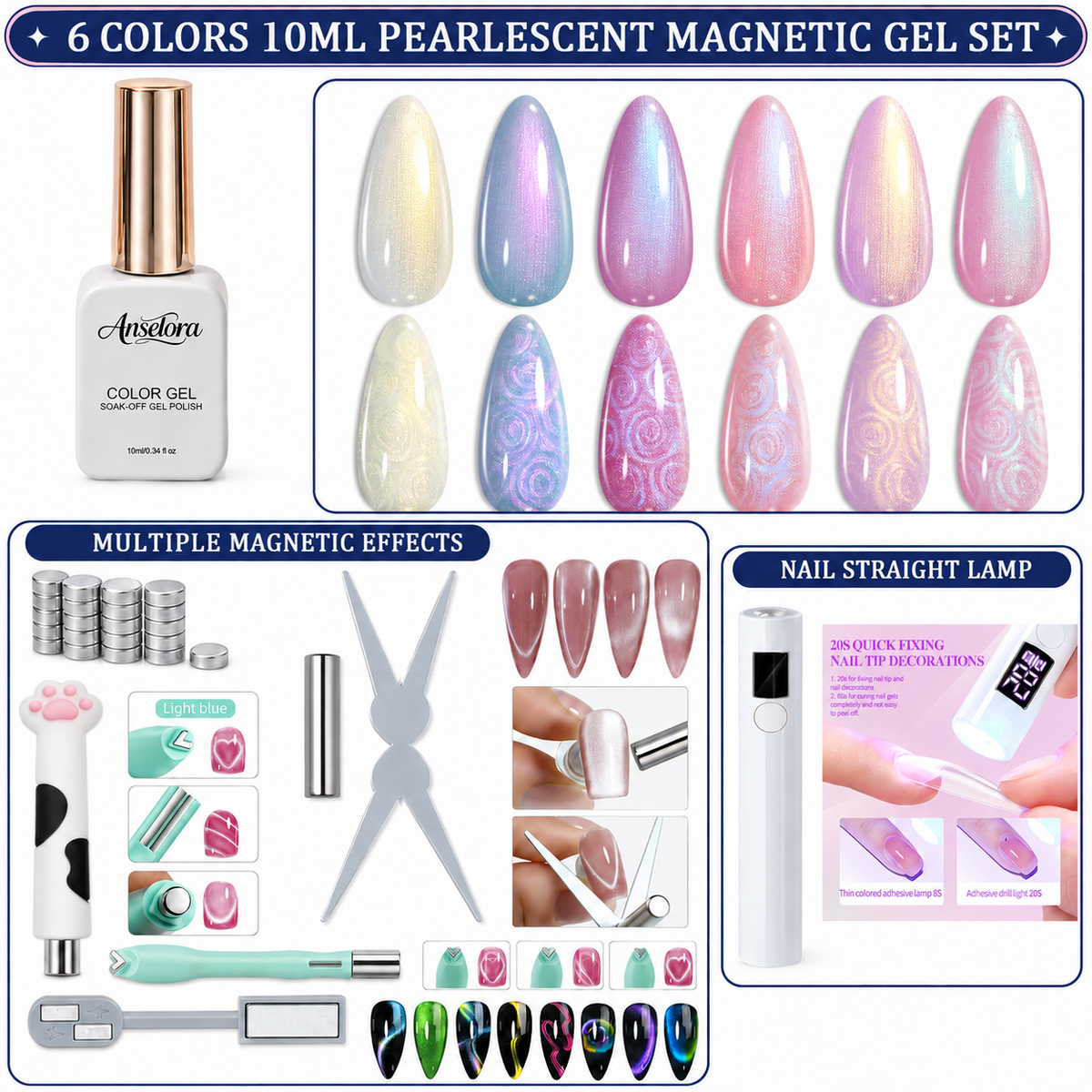 《Set 14》Anselora Pearlescent Magnetic Cat Eye Gel Polish Kit, 6 Colors Aurora Magnetic Nail Gel with Multi-Shape Magnet Tools & Handheld Nail Lamp, Soak Off UV LED Nail Art Set for Home & Salon