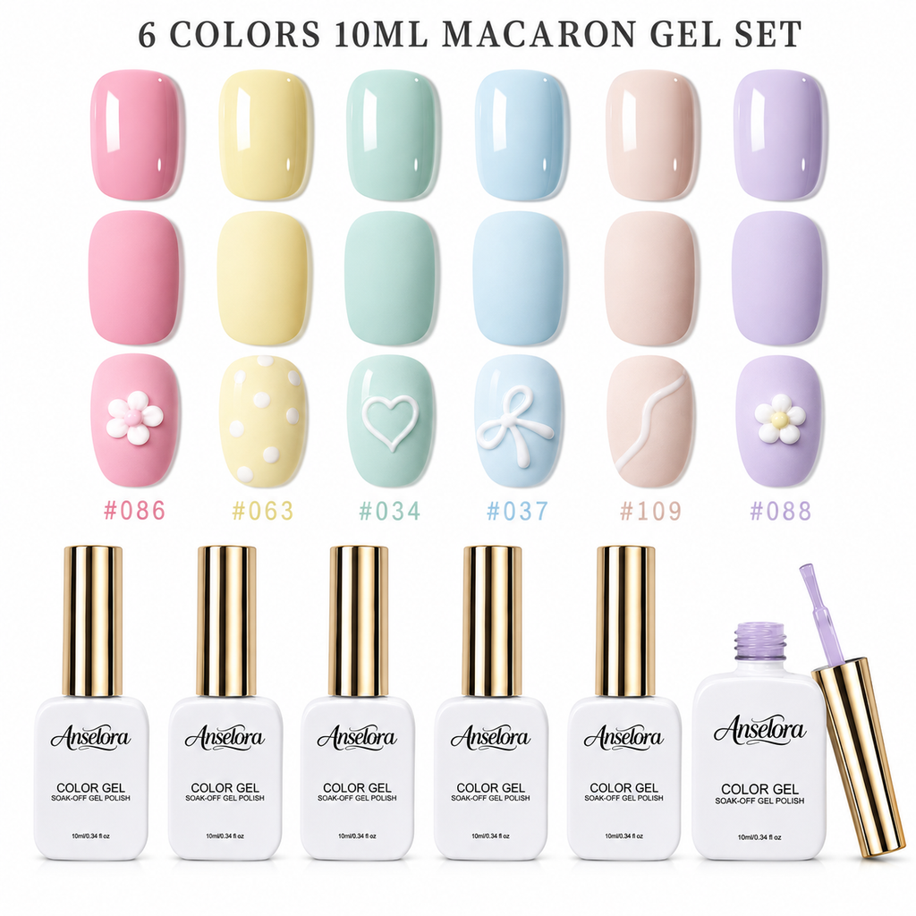 《Set 17》Anselora 6 Colors Macaron Gel Nail Polish Set, Pastel Candy Color Soak Off UV LED Gel Polish, Spring Summer Macaron Nail Gel for DIY Manicure & Nail Salon