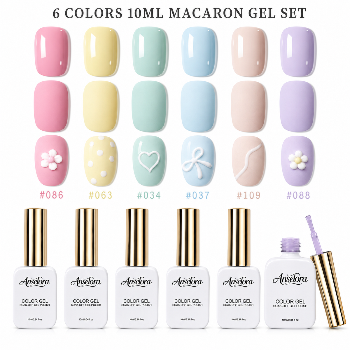 《Set 17》Anselora 6 Colors Macaron Gel Nail Polish Set, Pastel Candy Color Soak Off UV LED Gel Polish, Spring Summer Macaron Nail Gel for DIY Manicure & Nail Salon