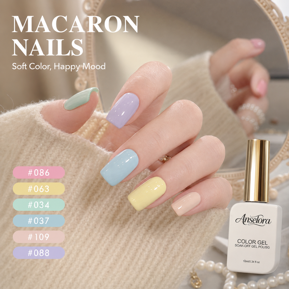 《Set 17》Anselora 6 Colors Macaron Gel Nail Polish Set, Pastel Candy Color Soak Off UV LED Gel Polish, Spring Summer Macaron Nail Gel for DIY Manicure & Nail Salon