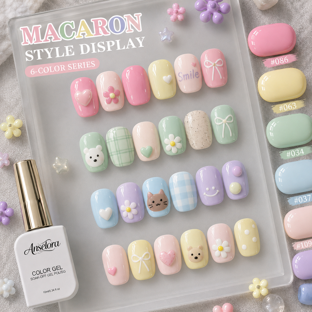 《Set 17》Anselora 6 Colors Macaron Gel Nail Polish Set, Pastel Candy Color Soak Off UV LED Gel Polish, Spring Summer Macaron Nail Gel for DIY Manicure & Nail Salon