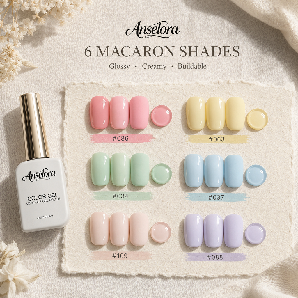 《Set 17》Anselora 6 Colors Macaron Gel Nail Polish Set, Pastel Candy Color Soak Off UV LED Gel Polish, Spring Summer Macaron Nail Gel for DIY Manicure & Nail Salon